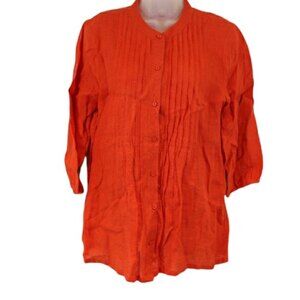 Tommy Bahama Small Orange Linen Blouse  3/4 Sleeve Pleated Button Up Top